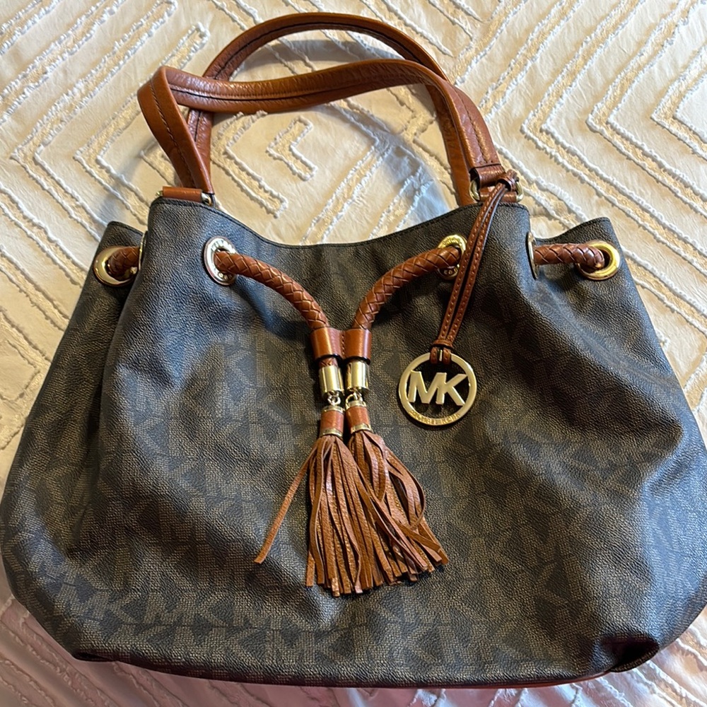 Large Michael Kors Brown Hobo Shoulder Bag with Tassels